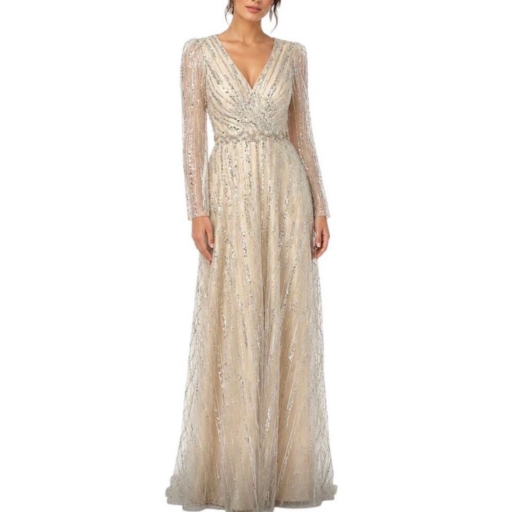 Mac Duggal 67859 Gold Evening Gown Sequined Long Sleeve A-Line Dress Size 10